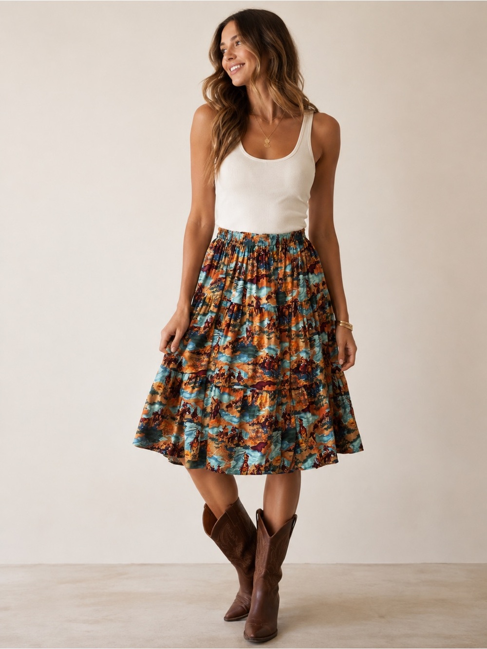 Vintage Western Scene Midi Skirt • Horses Cowboys